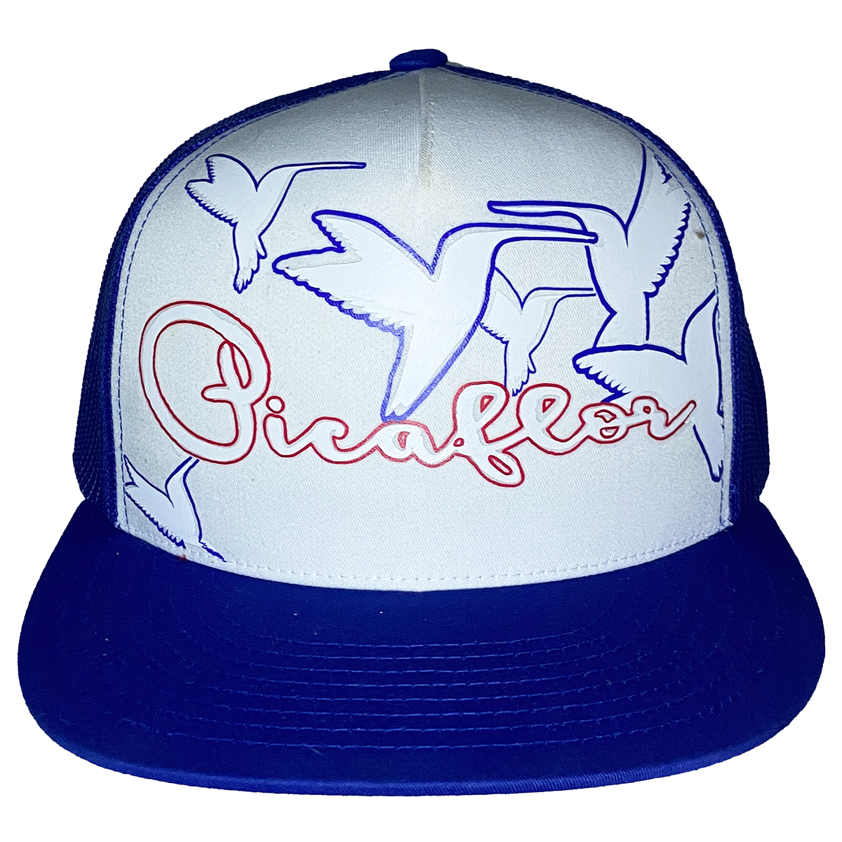 A blue and white trucker hat featuring a white front panel with blue line art of flying humming birds and a red script logo reading 'Picafor'. The cap has a royal blue flat brim and blue mesh back.